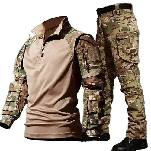 Men's Outdoor Tactical Set - Multi-Pocket Combat Shirt & Camo Cargo Sweatpants, Wear-Resistant, Windproof Workwear Pants for Outdoor, Military, and Work Use