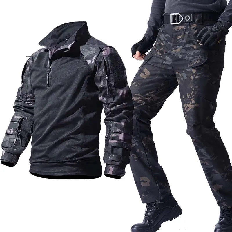 Men's Outdoor Tactical Set - Multi-Pocket Combat Shirt & Camo Cargo Sweatpants, Wear-Resistant, Windproof Workwear Pants for Outdoor, Military, and Work Use